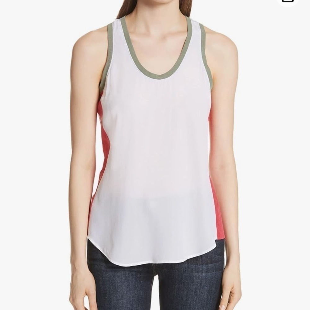 EQUIPMENT Women's Mel Silk Tank w/Contrast White Green Pink Sz Small Minimalist